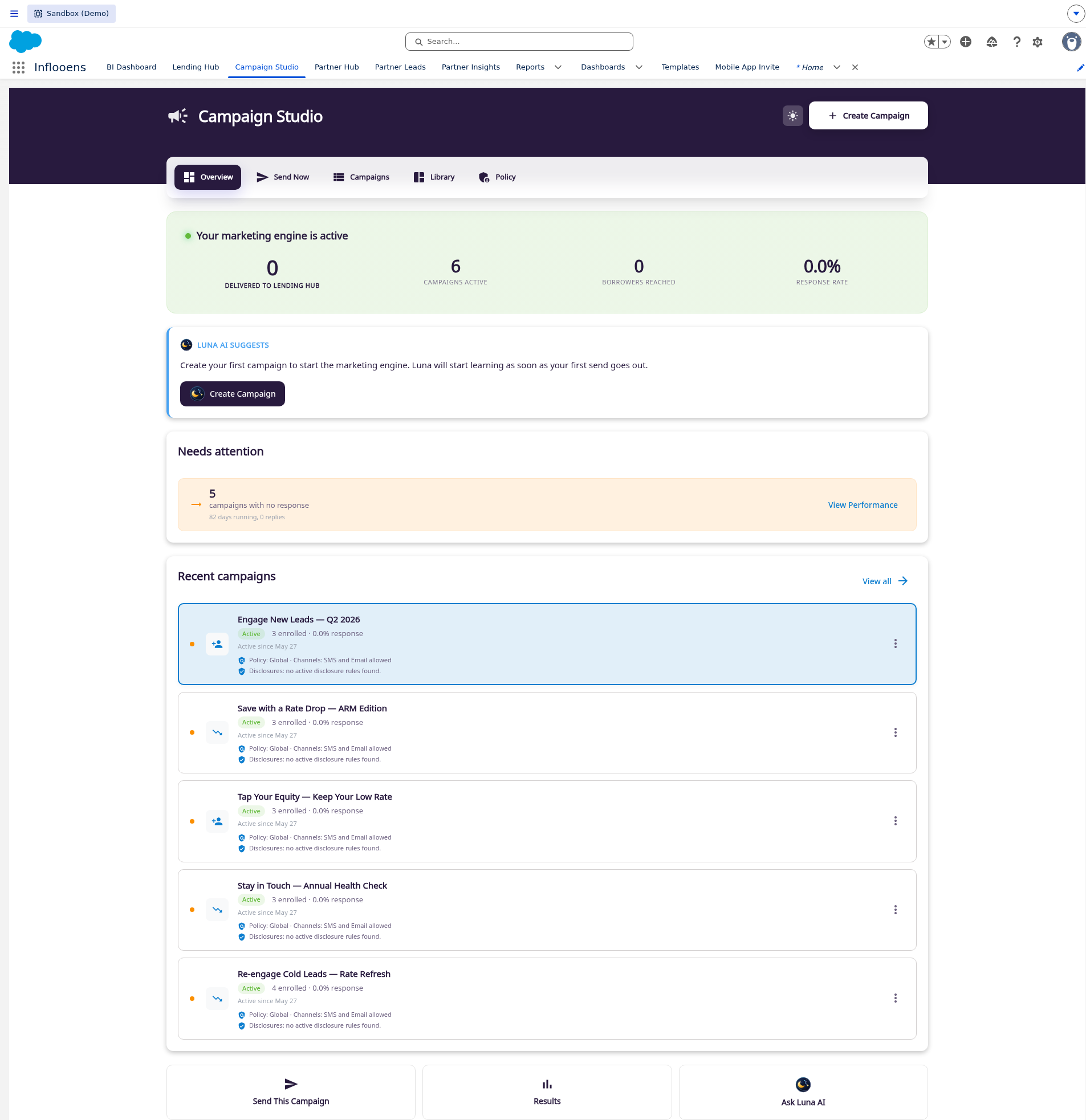 Inflooens Campaign Studio overview with six named campaigns and the marketing-engine banner