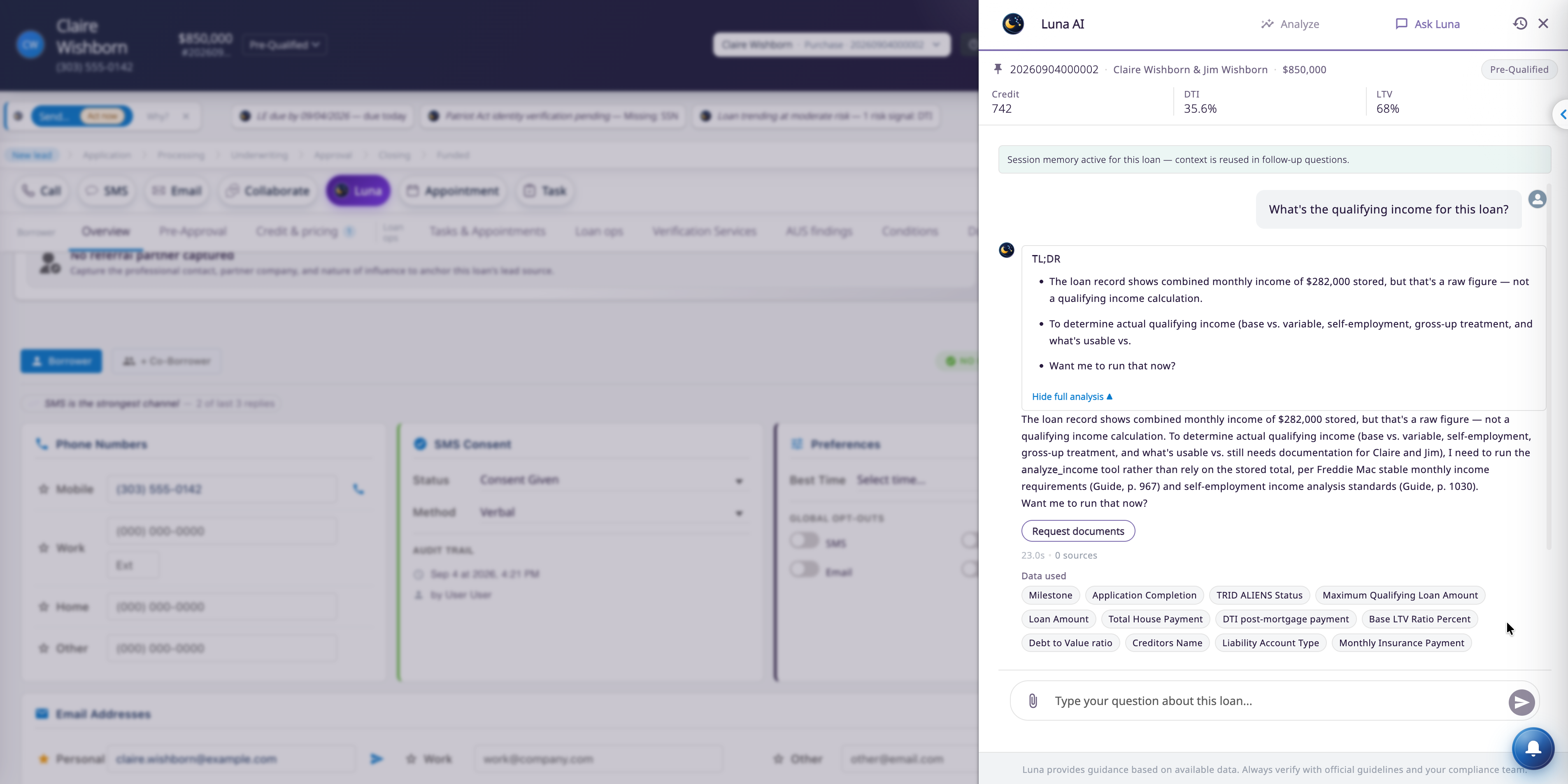 Luna AI drawer on the governed loan flyout in Mortgage OS