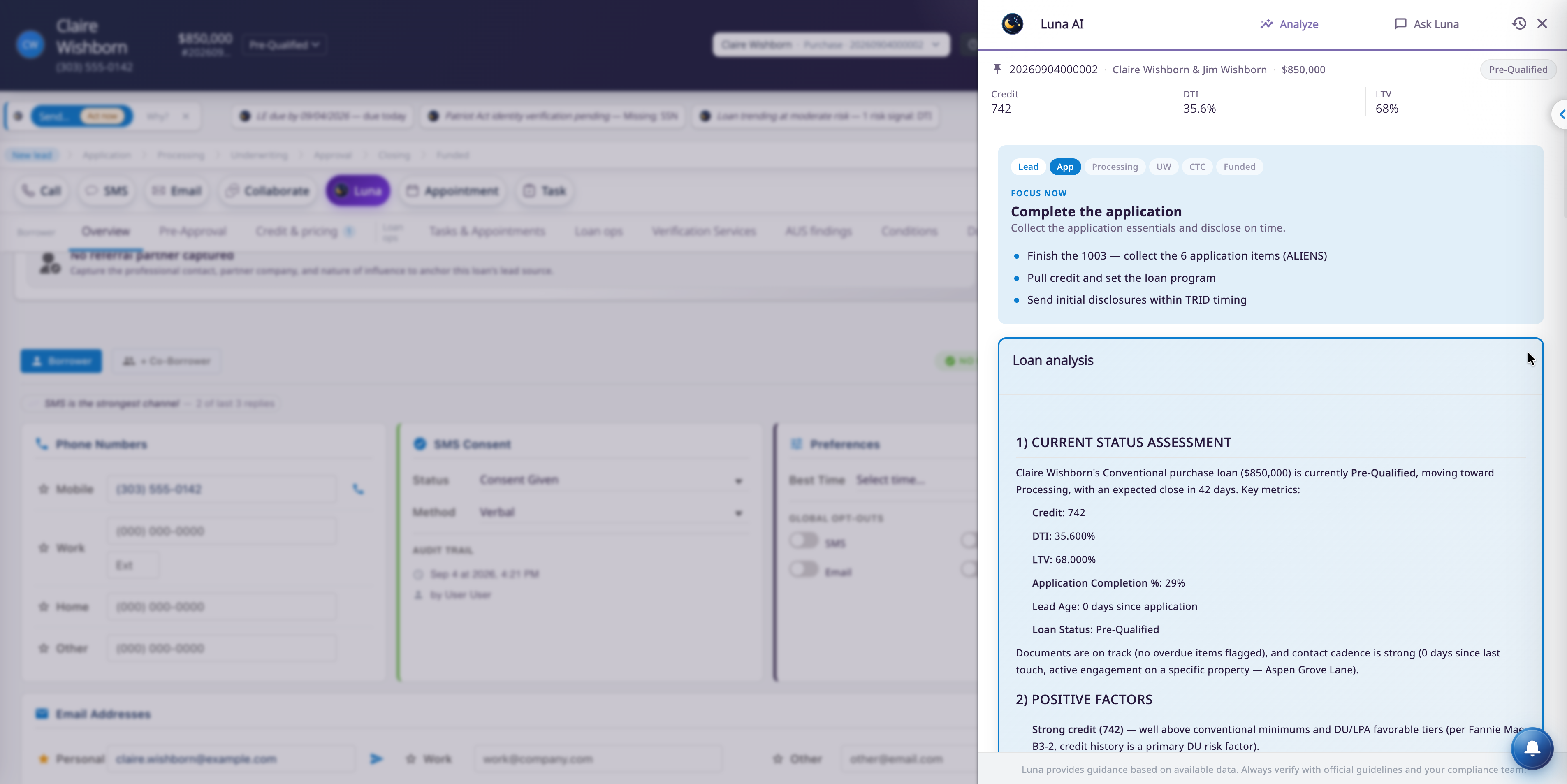 Luna Analyze tab on a loan file in Inflooens