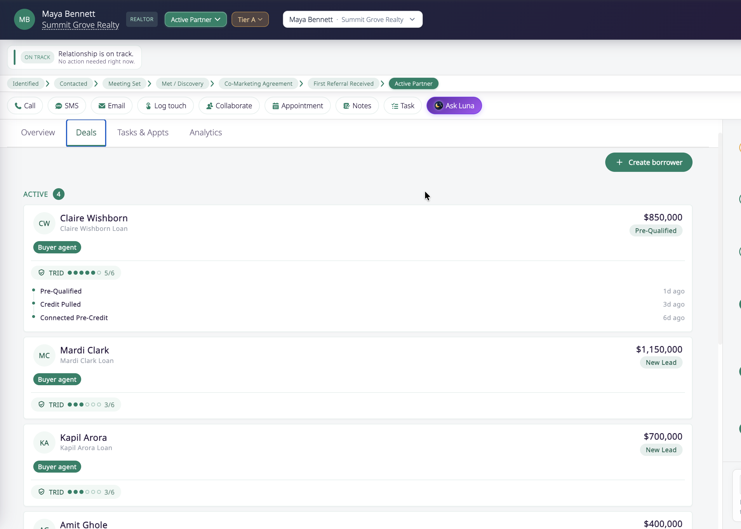 Partner Hub deals flyout — referrals and deals on the partner record