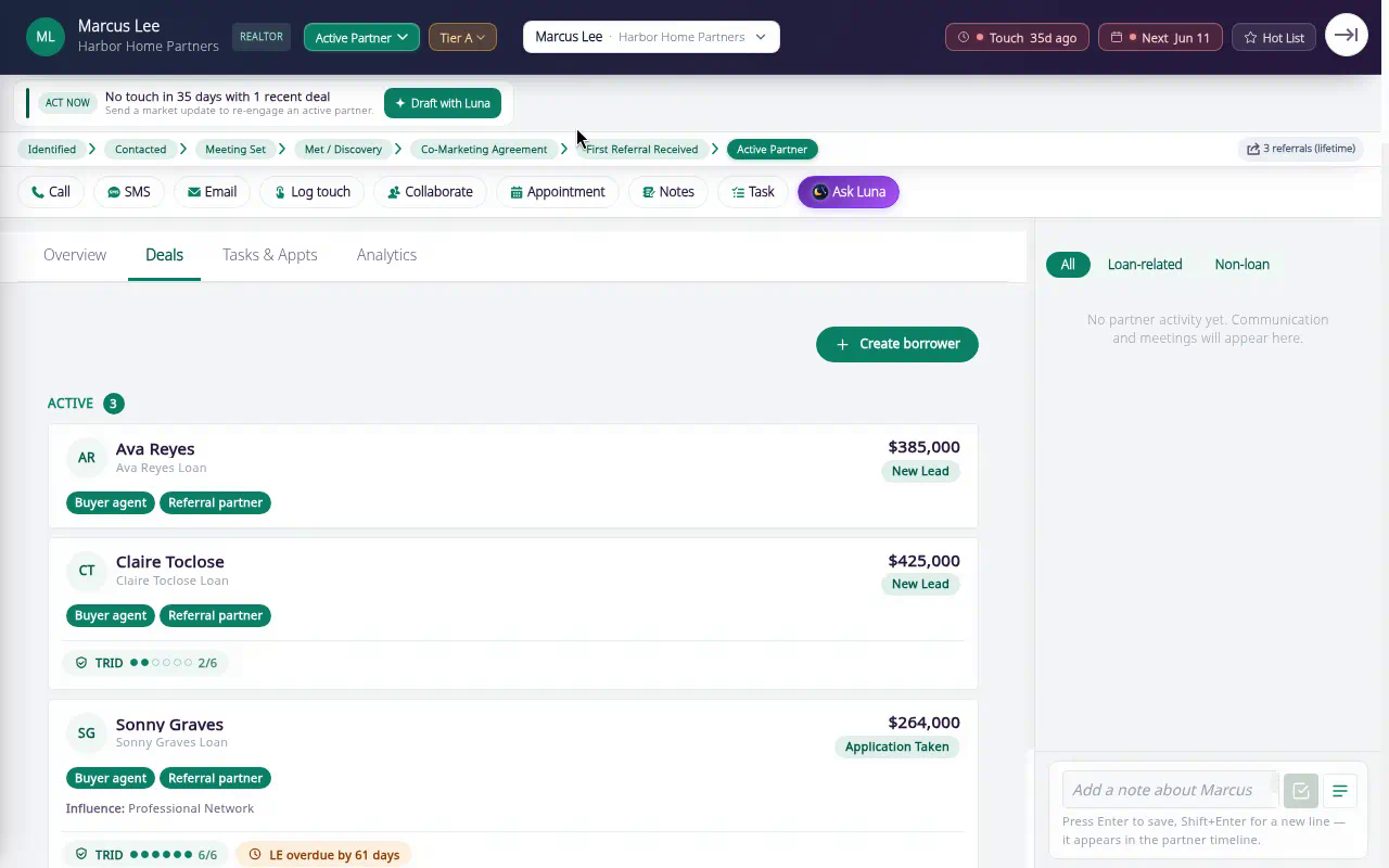 Marcus Lee of Harbor Home Partners in Inflooens Partner Hub, Deals tab, three lifetime referrals