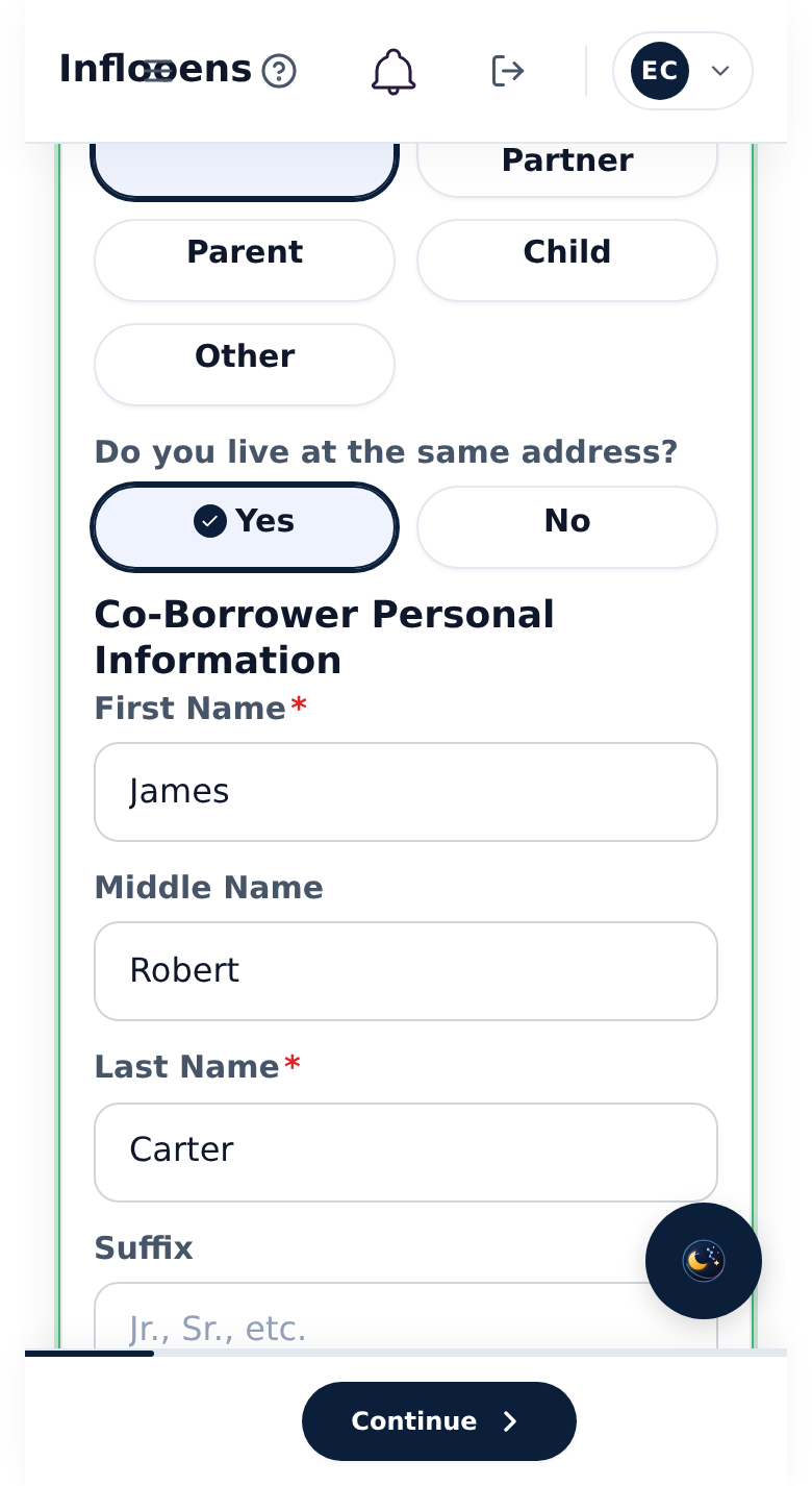 Shared borrower POS on phone width — coborrower still on the primary screen