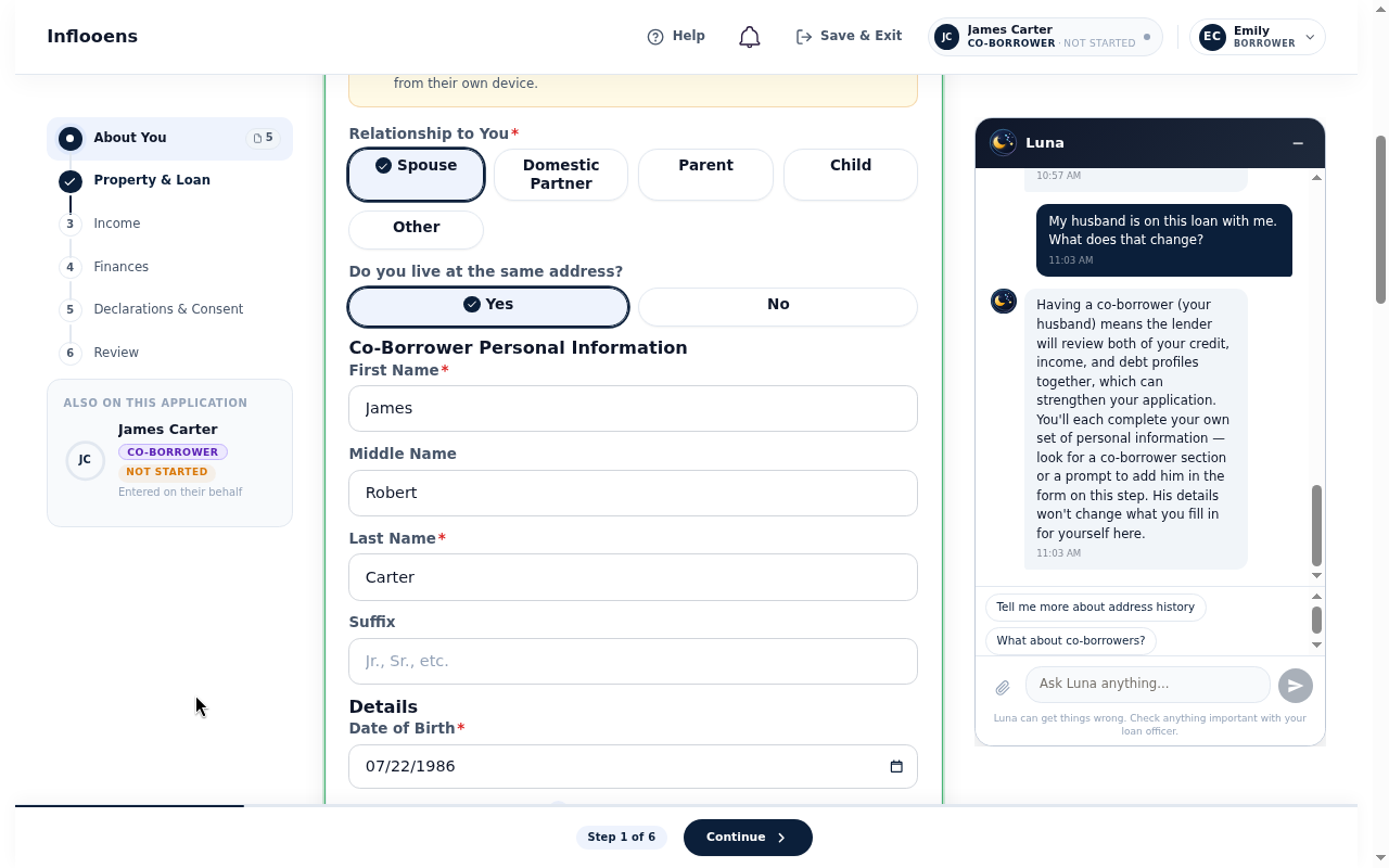 Emily and James Carter on a shared purchase loan in the inflooens POS, with Luna answering Emily on the right